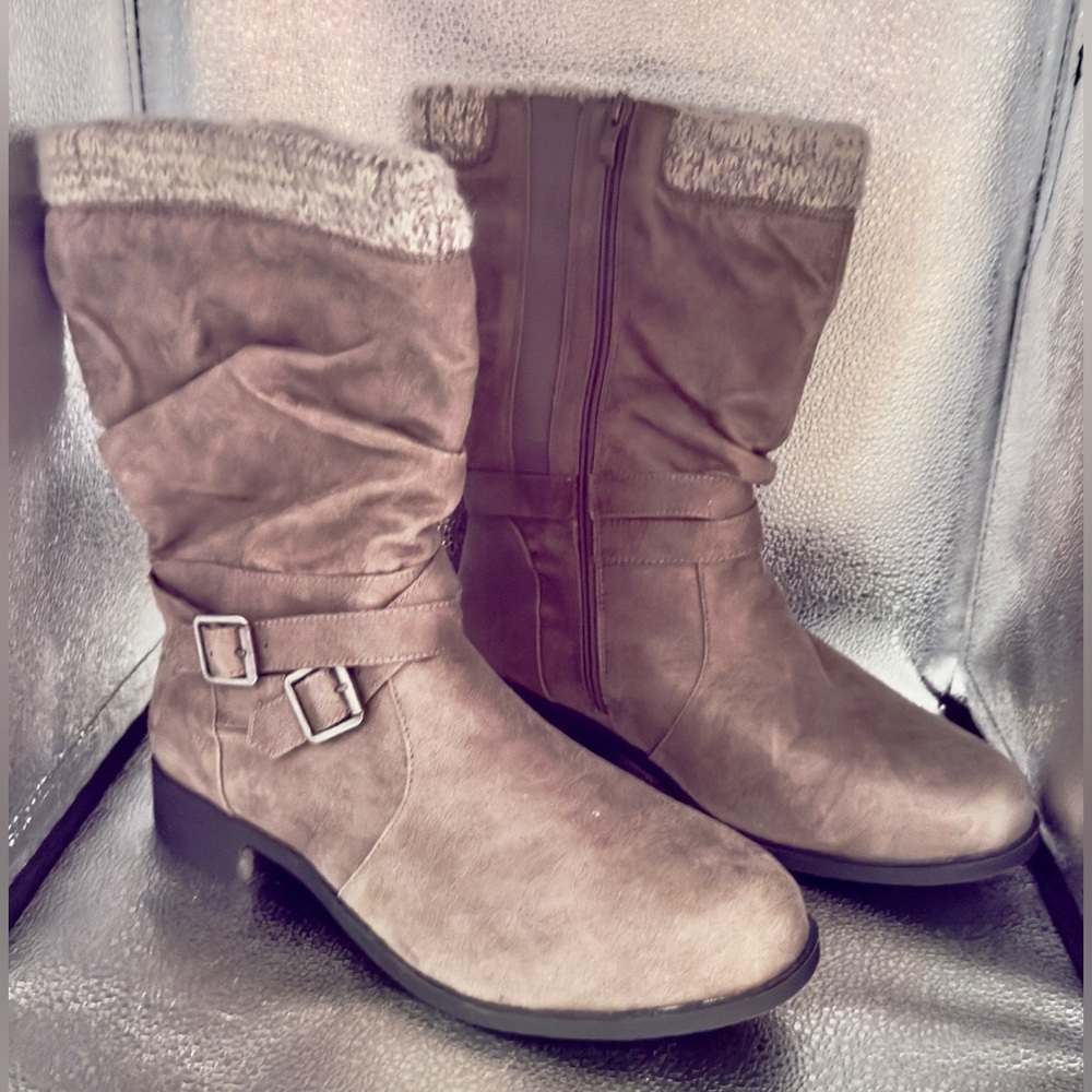 TORRID WIDE WIDTH Taupe Faux Suede Mid-Calf Boots with Buckle Detail